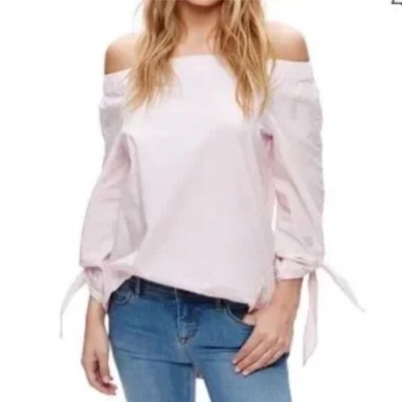 Free People Pastel Pink Show Me Some Shoulder Long Bell Tie Sleeve Blouse Top S - Picture 1 of 7